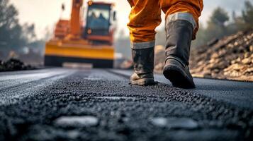Construction Worker Walking on Freshly Laid Asphalt photo