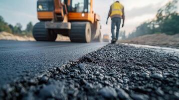 Newly Laid Asphalt Road with Construction Worker and Excavator in the Background photo