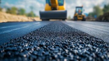 Freshly Laid Asphalt Road with Construction Equipment in the Background photo