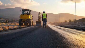 Construction Worker Walking on Newly Laid Asphalt Road photo