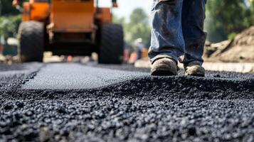 A Worker's Foot Stepping on Freshly Laid Asphalt photo