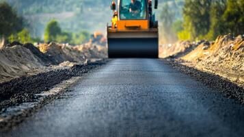 Road Construction with a Roller Compacting Fresh Asphalt photo