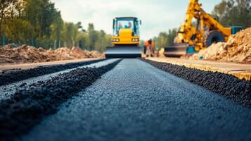 Freshly Laid Asphalt Road Surface with Machinery in Background photo