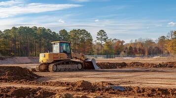 Yellow Excavator on a Construction Site with a Forest Background photo
