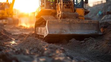 Excavator with a Raised Bucket Working on a Construction Site photo