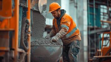 Construction Worker Handling Concrete with a Cement Mixer photo