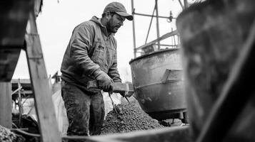 Construction worker mixing concrete with a tool photo