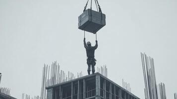 Construction Worker Lifting a Concrete Slab on a Crane photo