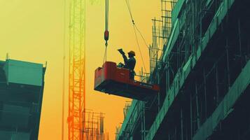 Construction Worker in a Lift Suspended from a Crane photo