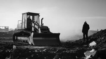 Bulldozer and Construction Worker on a Demolition Site photo