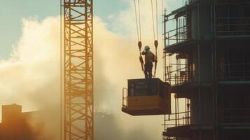 Construction Worker Suspended in a Crane Basket photo