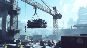 Construction Site with Crane Lifting Metal Pipes photo