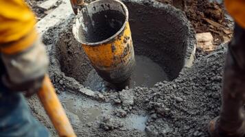 Close-up of a Yellow Concrete Mixing Tool in a Hole of Wet Concrete photo