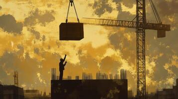Construction Worker Watching a Crane Lift a Load Against a Cloudy Sky photo