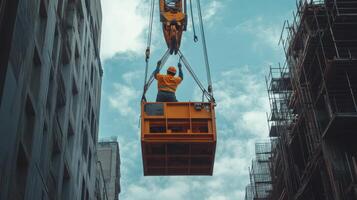 Construction Worker Hanging From Crane Above Buildings photo