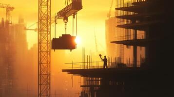 Construction Worker Silhouette Against a Setting Sun on a Skyscraper Under Construction photo