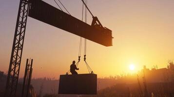 A Construction Worker Using a Crane to Lift a Large Concrete Slab at Sunset photo