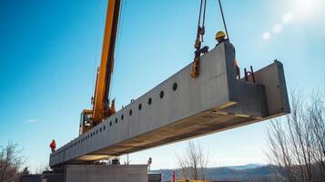 Construction Workers Lifting Concrete Beam With Crane photo