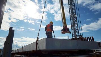 Construction Worker Directing a Crane Lifting a Concrete Beam photo