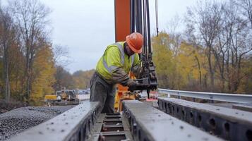 Construction Worker Operating Machinery on Bridge Construction Site photo