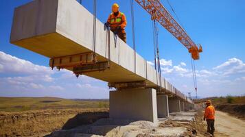 Crane Lifting Concrete Beam During Bridge Construction photo