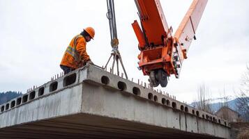 Construction Worker Directs Crane Lifting Concrete Beam photo