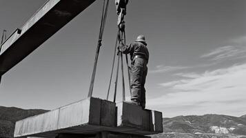 Worker Standing on Concrete Blocks with Crane in the Background photo
