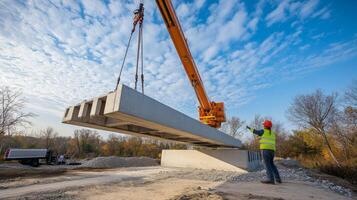 Construction Worker Directs Crane Lifting Concrete Beam for Bridge Construction photo