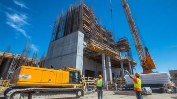 Construction Site with Crane, Excavator, and Workers photo