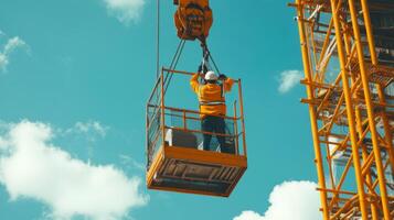 Construction Worker in a Suspended Platform Against a Blue Sky photo