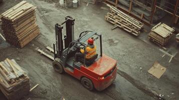 Construction Worker Operating Forklift with Wooden Pallets photo