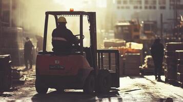 A Construction Worker Operating a Forklift in a Construction Zone photo