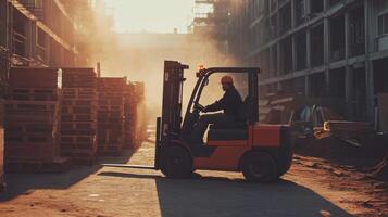 Construction Worker Operating Forklift at a Building Site photo