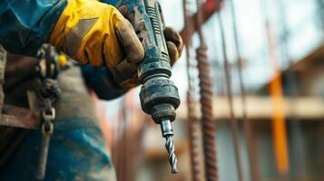 Close-up of a Worker's Hand Holding a Drill Bit photo