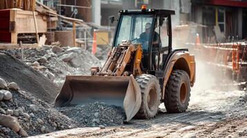 Excavator Operator Moving Gravel at Construction Site photo