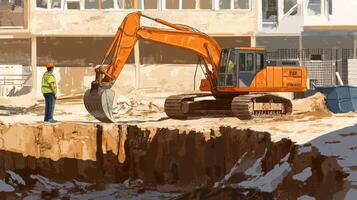 Excavator Digging a Trench with a Worker Looking On photo