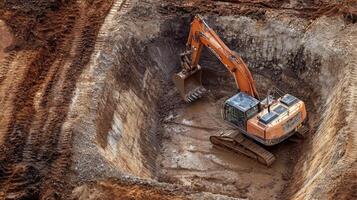 Excavator Working in a Large Excavation Pit photo