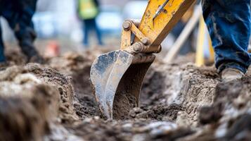 Excavator Arm and Bucket Digging in Dirt photo
