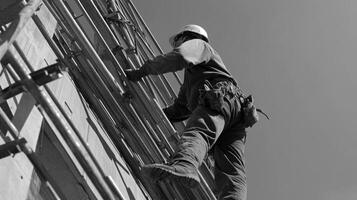Construction Worker Climbing Scaffolding on a Building photo