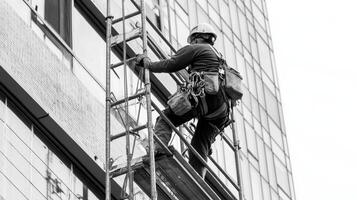 Construction Worker Ascending Scaffolding on a Modern Building photo