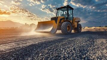 Yellow Excavator Moving Dirt on Gravel Road at Sunset photo
