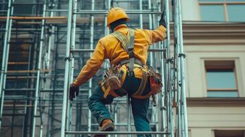 Construction Worker Ascending Scaffolding on a Building photo