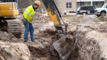 Construction Worker Observing Excavator Digging a Trench photo