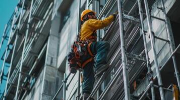 Construction Worker Ascending Scaffolding on a Building photo