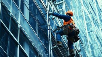 Construction Worker Ascending Scaffolding on a Modern Building photo