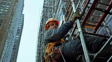 Construction Worker Ascending Scaffolding on Urban Building photo