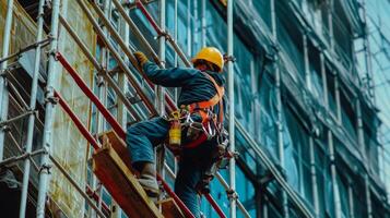 Construction Worker Ascending Scaffolding on Modern Building photo