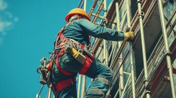 Construction Worker Ascending Scaffolding with Safety Harness photo