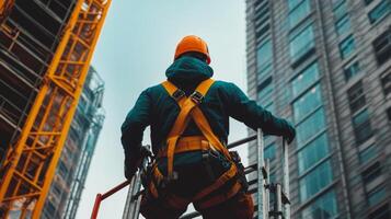 Construction Worker Ascending Scaffolding on a High-Rise Building photo