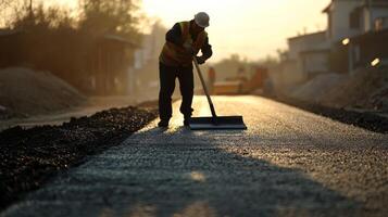 Construction Worker Smoothing Fresh Asphalt With a Rake photo